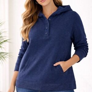 Lands’ End Navy Hoodie XL NWT Henley Hooded Pullover Cozy Sweatshirt